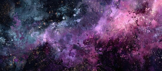 Abstract cosmic landscape of swirling, vibrant purples, pinks, and blues, speckled with gold