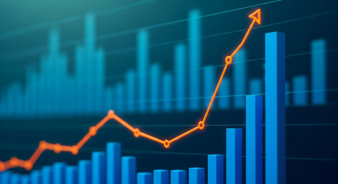 Abstract image of blue bar graph with upward trending orange line, showcasing business growth and success, ideal for financial reports or presentations - Powered by Adobe