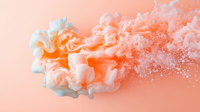 Orange and white liquid creating abstract shapes and particles against a soft pink background, suggesting fluid movement and bursts of creativity.