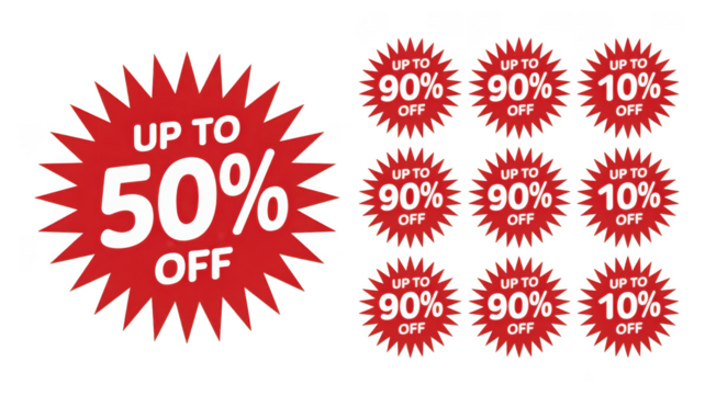 Collection of red starburst sale discount badges with percentage off offers isolated on transparent background
