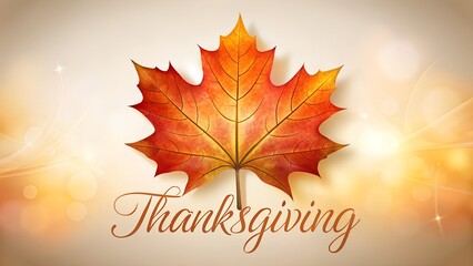 Thanksgiving Greeting with Autumn Maple Leaf and Golden Bokeh Background