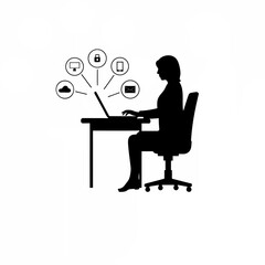 Professional female project manager silhouette using laptop isolated on white background