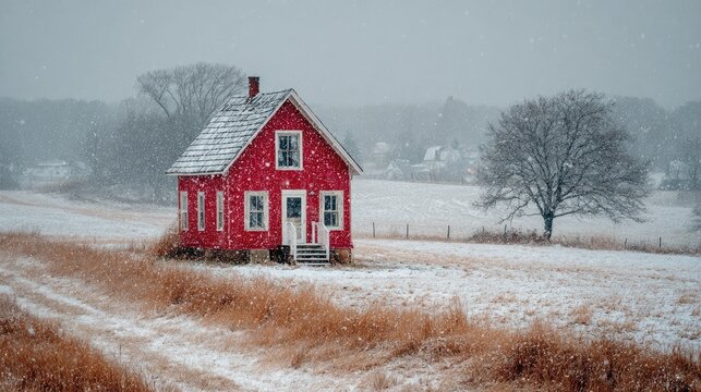 Red house in snowy field
