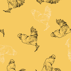 Hand-drawn seamless vintage-style pattern with roosters on a yellow background.
