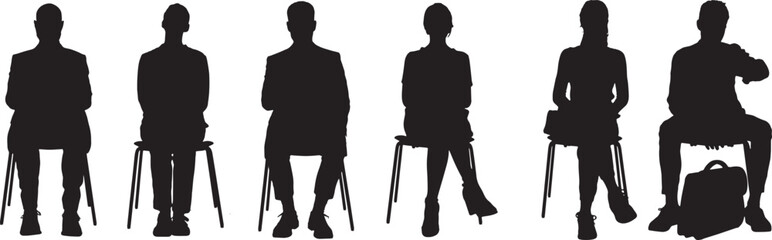 Sitting People Silhouettes, Isolated on White Background, Vector Illustration.