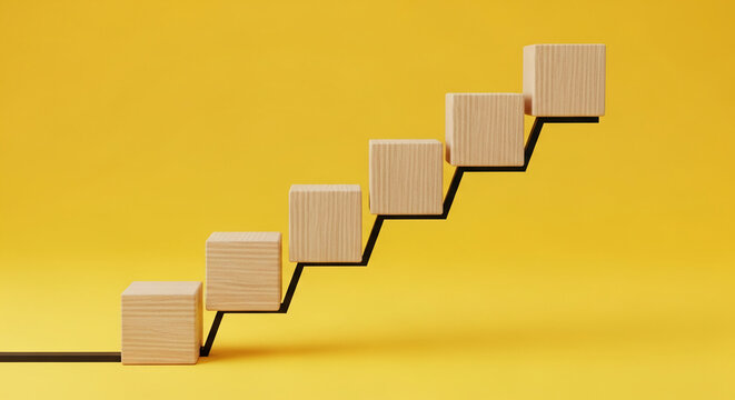 Wooden cubes ascending on a black structure against a yellow background, symbolizing growth, progress, and achievement in business or career