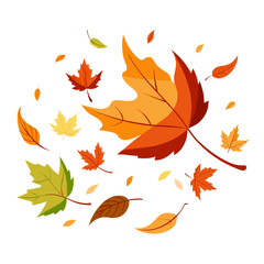 Obraz premium Autumn leaves on white background png svg Various autumn leaves in the wind autumn pumpkin, abstract autumn background, thanksgiving, autumn Wave of falling leaves. Hand drawn vector illustration.
