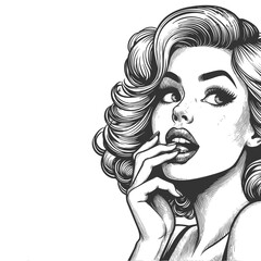 pinup-style woman with voluminous curls and a flirtatious finger-on-lips expression sketch engraving generative ai fictional character raster illustration. Scratch board imitation. Black and white.