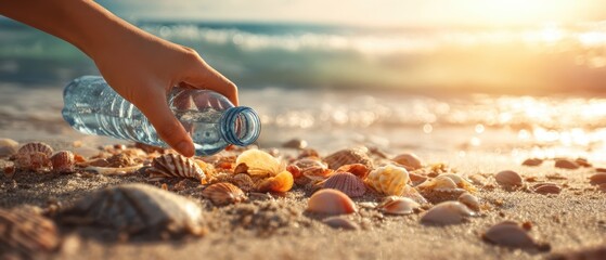 The hand picking up a water bottle among seashells on the beach.