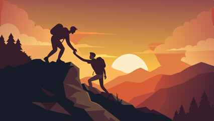 silhouette of hikers one man is giving helping hand