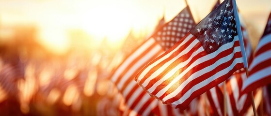 The American flags waving proudly at sunrise during a patriotic celebration
