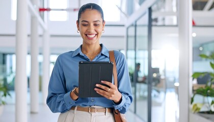 Smiling businesswoman with tablet with walking in office, modern workspace, and technology.