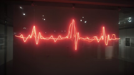 A red neon heartbeat pattern is displayed on a white wall in an exhibition space, creating a vibrant and dynamic visual effect.