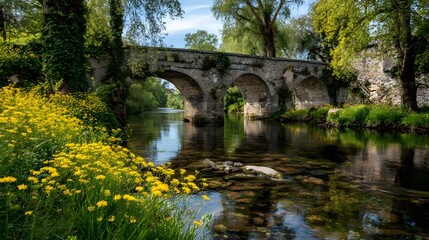 Fototapeta premium Historic stone bridge over calm river flowers and greenery along the bank captured during spring bloom suitable for travel promotions European countryside visuals and tranquil lifestyle scenes
