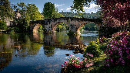 Naklejka premium Historic stone bridge over calm river flowers and greenery along the bank captured during spring bloom suitable for travel promotions European countryside visuals and tranquil lifestyle scenes