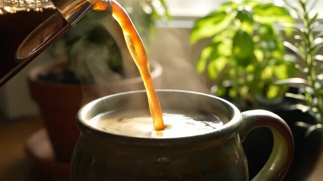 Pouring Freshly Brewed Coffee into a Ceramic Mug Surrounded by Green Plants in a Cozy Kitchen