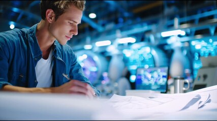 Skilled designer sketches innovative concepts in a high-tech workspace focused on engineering and creativity - Powered by Adobe