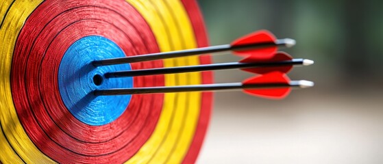 Three arrows pierce a colorful target's bullseye, rings of blue, red, yellow