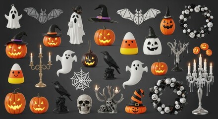 Halloween Still Life with Pumpkins, Ghosts, Bats