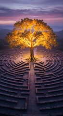 Glowing Tree of Life in the Center of a Stone Labyrinth