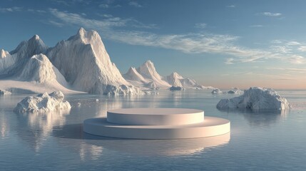 Arctic Landscape with Icebergs and Empty White Podium