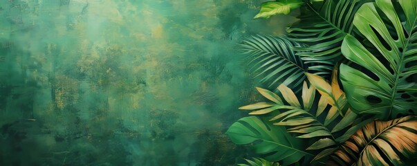 Tropical leaves on a dirty grunge background, designed for wallpaper or photo backgrounds with a rustic, edgy aesthetic, Generative AI