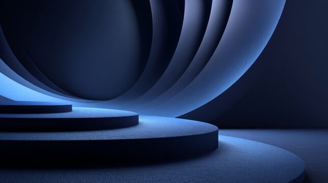 Modern abstract design features blue curved shapes with circular platforms, creating a sleek and futuristic display space with geometric depth.