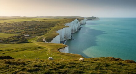Coastal cliffs with grazing sheep and serene seascape