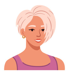 Portrait of a smiling woman with an asymmetrical pixie haircut and long side swept bangs. Flat style avatar vector illustration.
