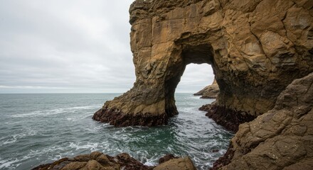 Natural rocky archway over crashing ocean waves