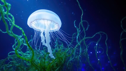 A glowing jellyfish floats gracefully amidst seaweed in the deep blue ocean environment scene