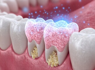 This image illustrates dental plaque on tooth surfaces, highlighting the need for proper oral care to prevent gum disease and tooth decay.