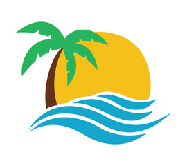 Obraz premium Palm tree logo with sun and ocean waves, a logo-style illustration for tropical vacation, travel agency, summer holidays, and beach resorts