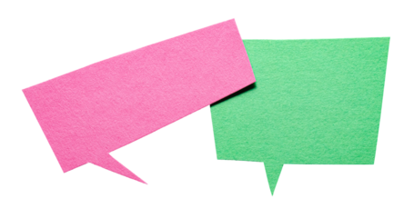 Pink green cut out cardboard paper speech bubbles with copy space for text on transparent png background conversation discussion design element