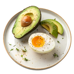 Healthy Breakfast: Halved Avocado, Sliced Avocado, and Soft Boiled Egg