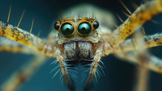 A close-up view of a spider's face with large eyes