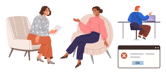 Two women engage in a conversation on armchairs, while a man works at a laptop. A pop-up error message indicates a problem. Ideal for teamwork, problem-solving, communication, brainstorming