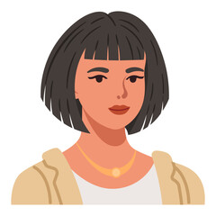 Stylish female portrait with short straight bob and fringe haircut. Woman avatar vector illustration.