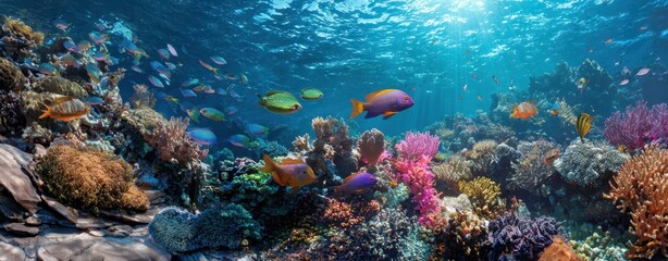 The Vibrant Underwater World Teeming with Colorful Marine Life and Coral.