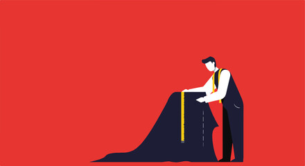 Fototapeta premium Flat style illustration of a tailor measuring dark blue fabric on red background