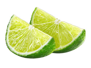 Two lime wedges, vibrant green, juicy, and fresh