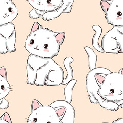 Hand Drawn Cute Kittens Seamless Pattern Hand Drawn Vector Design Cat