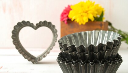 Stacked vintage metal baking molds and a heart-shaped cookie cutter.