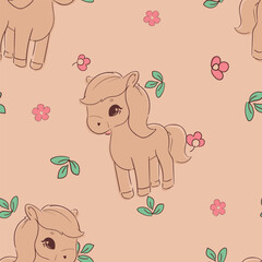 Hand Drawn Seamless pattern with cute cartoon horses and flowers background vector