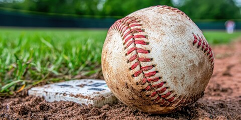 Used baseball with red stitching rests by white base on the dirt infield