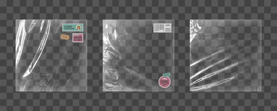Clear plastic vinyl wrap set - transparent packaging materials, glossy protective film sheets with classic sticker, pink barcode label, price tag of retail display for storage and shipping purposes.