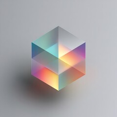 Isometric cube with iridescent colors and soft lighting creates a modern, abstract geometric design.