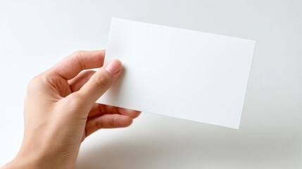 Obraz premium Hand holding a blank white card on white background, perfect for mockups and advertising concepts