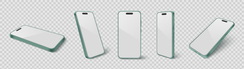 Modern phone mockup set with different angle views and teal blue frames on transparent background. Mobile device templates for app presentation or UI design showcase. Clean smartphone screens.