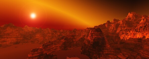 Mars, Martian landscape, sunset on the red planet, surface of Mars, 3d rendering © ustas